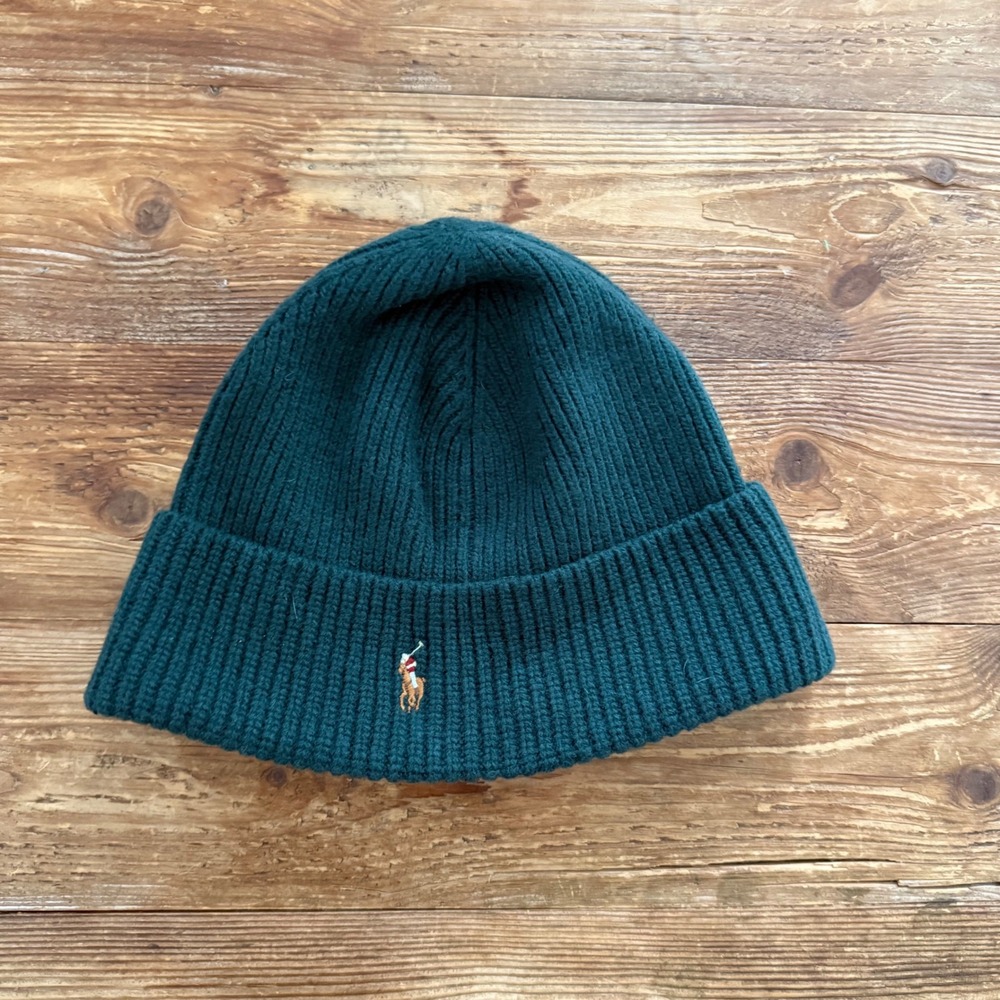 Polo Ralph Lauren Mens Hunter Green Wool Blend Ribbed Knit Beanie Hat O/S EUC